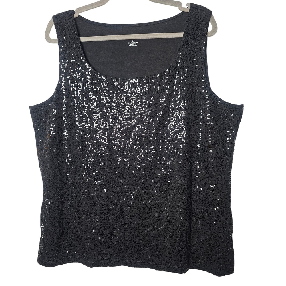 Talbots Woman Plus Sequin Front Tank Top 2X Black Sparkly Party Glam Holiday - Picture 1 of 7